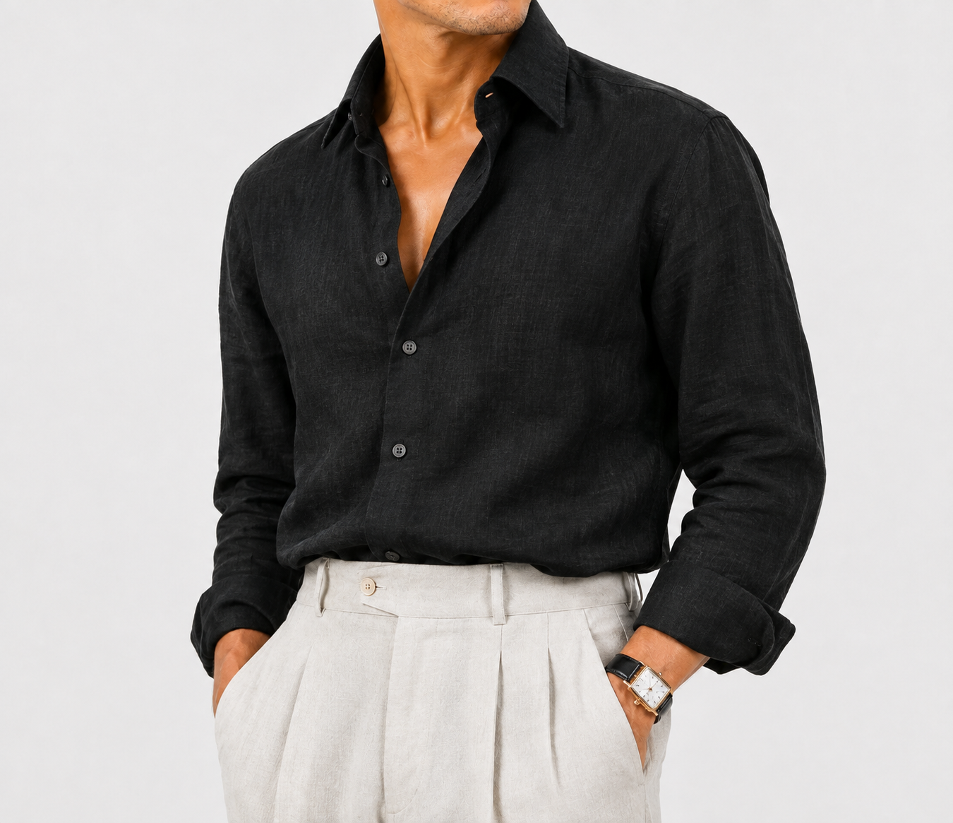 Long-Collar 100% Linen Shirt
